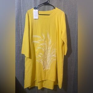 Minibee Women's Embroidered Linen Dress A-Line Sundress Hi Low Tunic Yellow XL